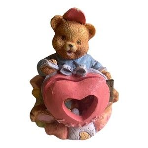 Vintage Resin Bear Holding Hinged Heart Baby Bears Inside Love Home Decor Figure